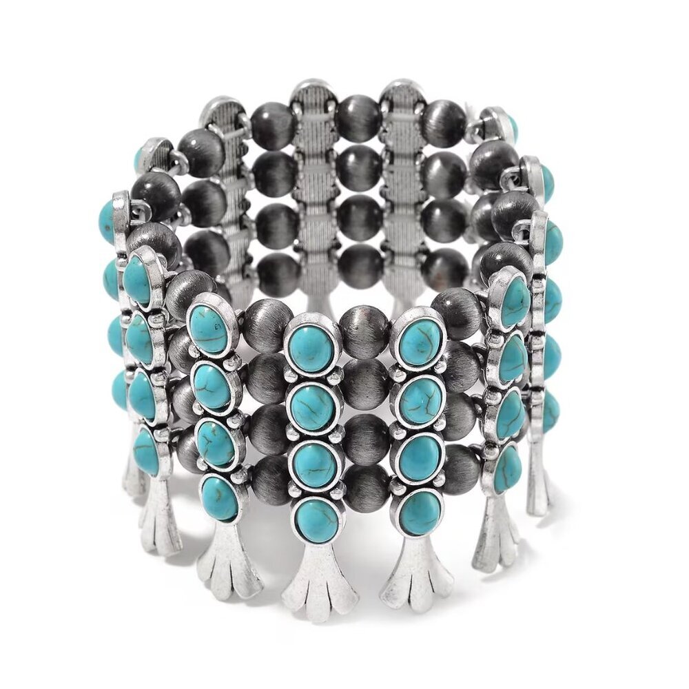 Women's Blue Howlite and Resin Stretch Bracelet in Silvertone
